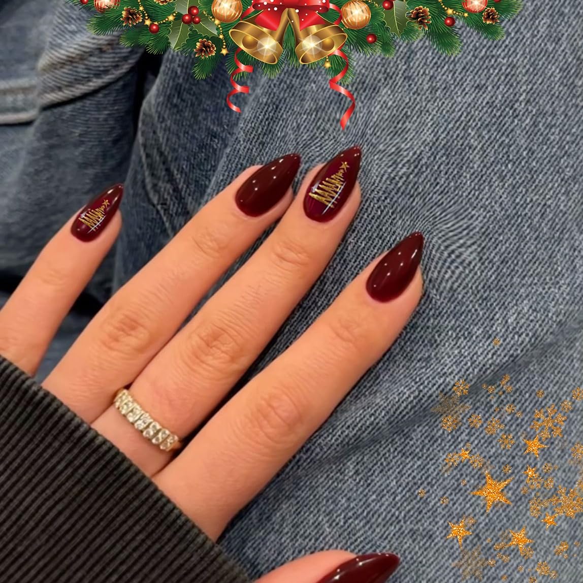 KQueenest Dark Red Christmas Press on Nails Short Almond with Glitter Christmas Tree Design, Cute Fake Nails Acrylic, Burgundy Christmas Nails Press on, Xmas Glossy Stick on Nails For Women, 24 Pcs - Image 2