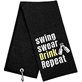 Aikiprety Funny Golf Towel Embroidered Golf Towels for Bags with Clip, Golf Gifts for Men Women, Golf Accessories Christmas Birthday Gift for Fan, Swing Swear Drink Repeat Black