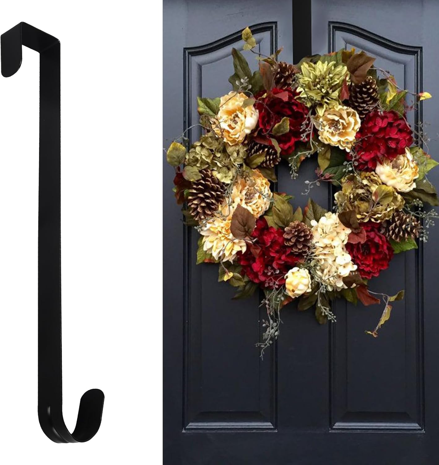 Wreath Hangers - styleonme Hooks Wreath, 12in Wreath Door Hanger, Halloween Christmas Easter Wreath Hanger, Black Wreath Hanger, Metal Door Hanger Hook, Heavy Duty Wreath Hangers for Front