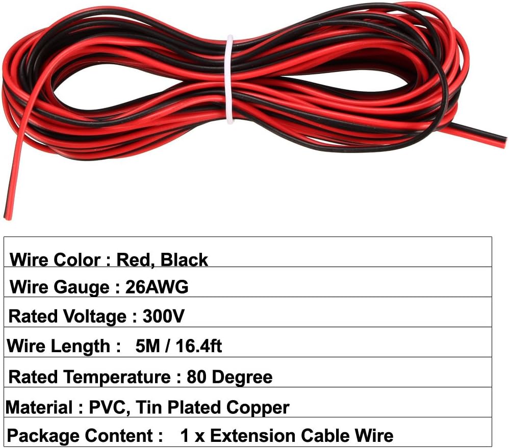 sourcing map Red Black Wire 2pin Extension Cable Cord 26 AWG Parallel Wire Tin Plated Copper 5M Length for LED Strip Light - Image 3