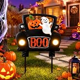 TERESA'S COLLECTIONS Halloween Yard Stake for Outdoor Halloween Decor,20" | Metal BOO Car With Pumpkin Ghost Solar garden Stake for Cute Halloween Decor Outdoor, Yard Lawn Garden Pathway Decor