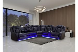 Anthato Black Leather Power Recliner Sectional Sofa Set with LED Lights, Modern L-Shaped Reclining Sofa, Reclining Corner Couch with Cup Holders/Storage/Charging Ports for Living Room/Home Theater