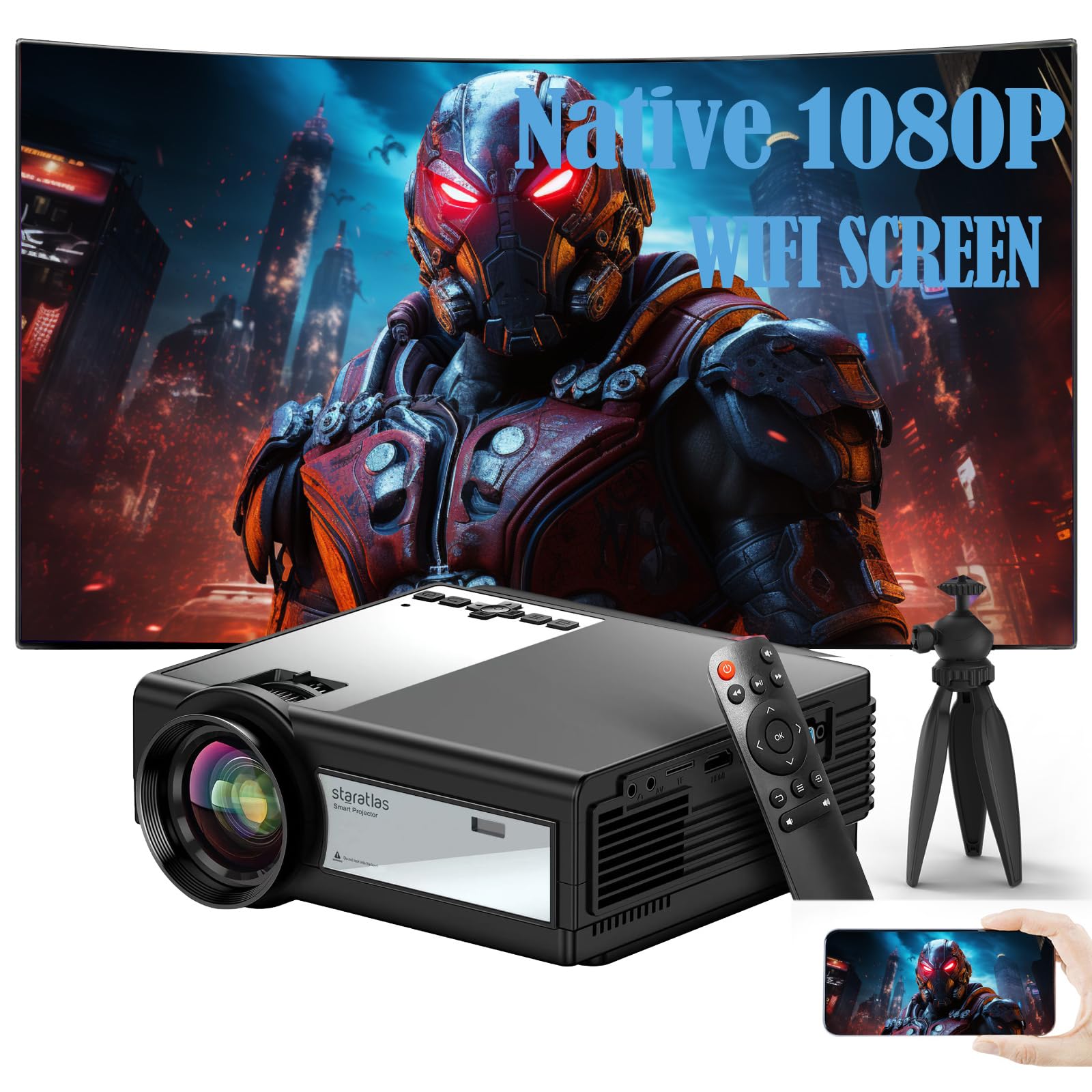 Photo 1 of Projector with Wifi and Bluetooth,Staratlas Native Resolution 1080P,Tv Projector for Bedroom,Support Screen Mirror,Mini Portable Projector,12000L,Movie Projector Indoor (Black-Gris)