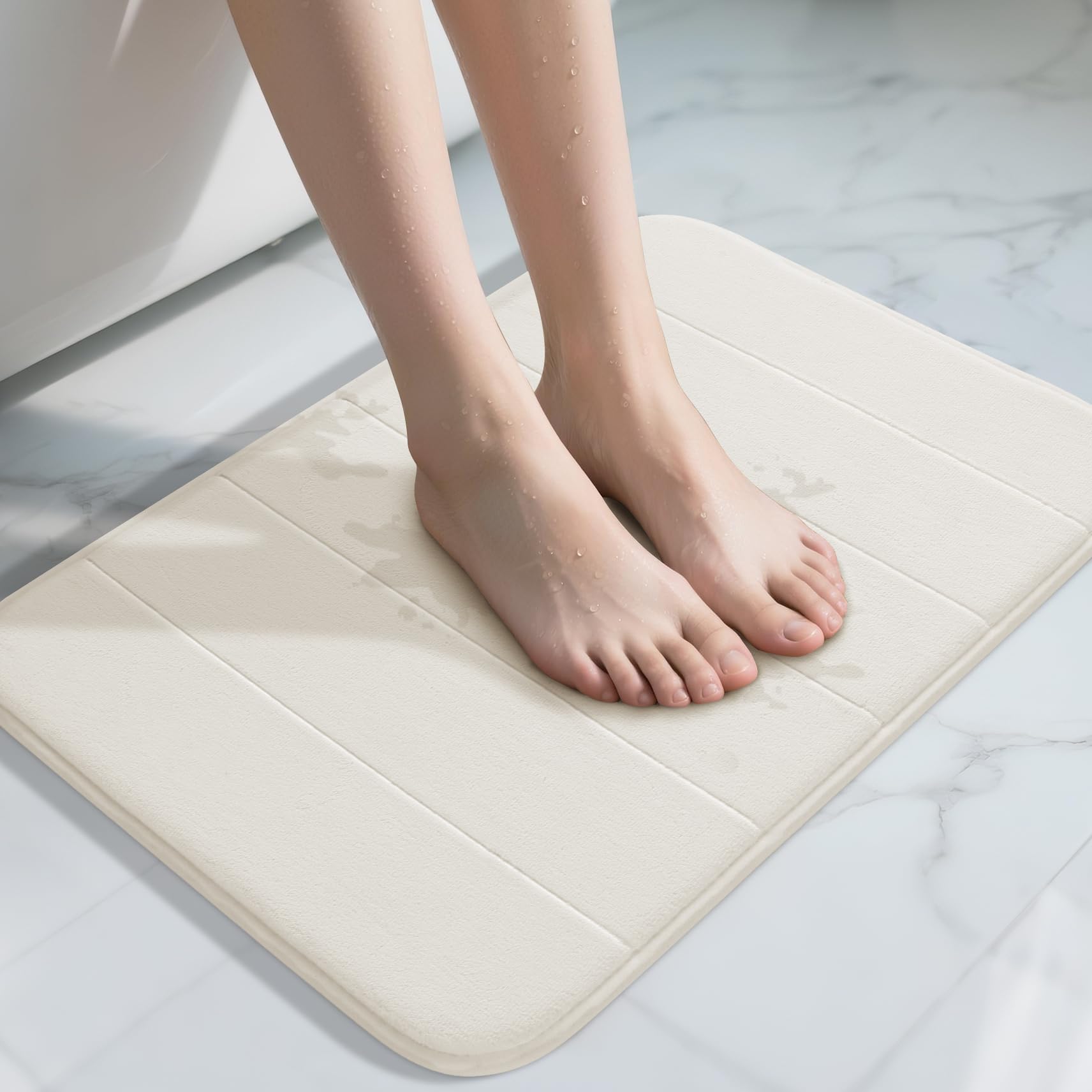 Photo 1 of Yimobra Memory Foam Bath Mat, Super Soft Absorbent Bathroom Rug Non Slip, Quick Dry, Machine Washable Floor Carpet for Tub Shower, Home Decor Accessories, 24x17, Cream