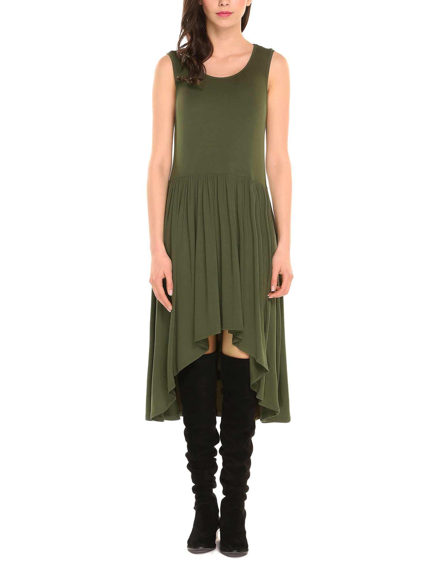 Zeagoo Women Sleeveless High Waist Pleats Detail Solid High-Low Loose Casual Dress