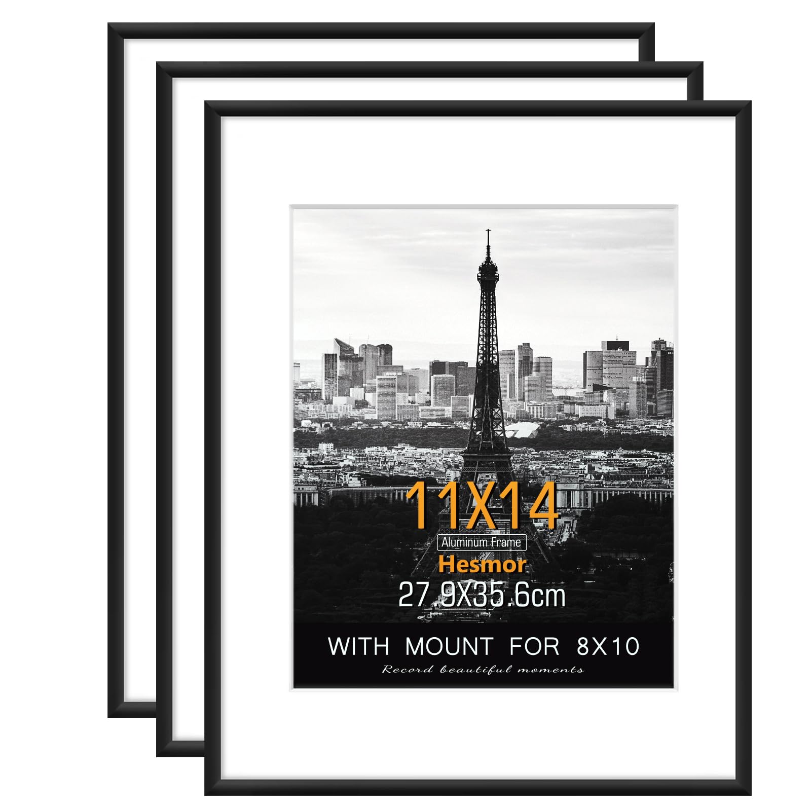 Hesmor Picture Frames 11 x 14 inch Aluminum Acrylic Photo Frame in Black, Set of 3 for Table Top and Wall Mounting with Mount for 8 x 10 inch Prints