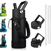 BJPKPK Water Bottle with Straw Lid, 18oz Insulated Water Bottles with 3 Lids, Paracord Handle & Non-slip Boot, Metal Stainless Steel Thermal Flasks, BPA Free Leak Proof Cups, Tumblers,Black