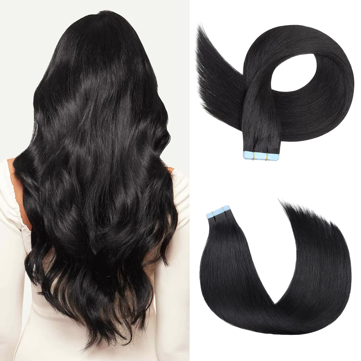 Black Tape In Extensions Human Hair for Women, 14Inch Tape In Hair Extensions Straight Invisible Remy Hair Extensions 20pcs 40g
