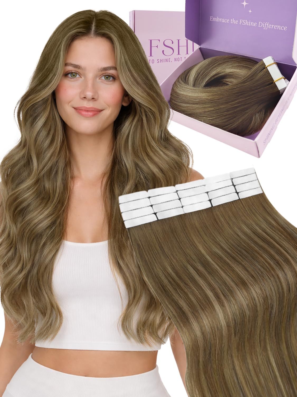 Fshine Tape in Hair Extensions,14 Inch 20 pcs 50 g,Remy Human Hair Extensions,Color 4 27 4 Balayage Medium Brown Honey Blonde,Silky Soft Texture,Perfect for Travel Vacation Styles — image 1