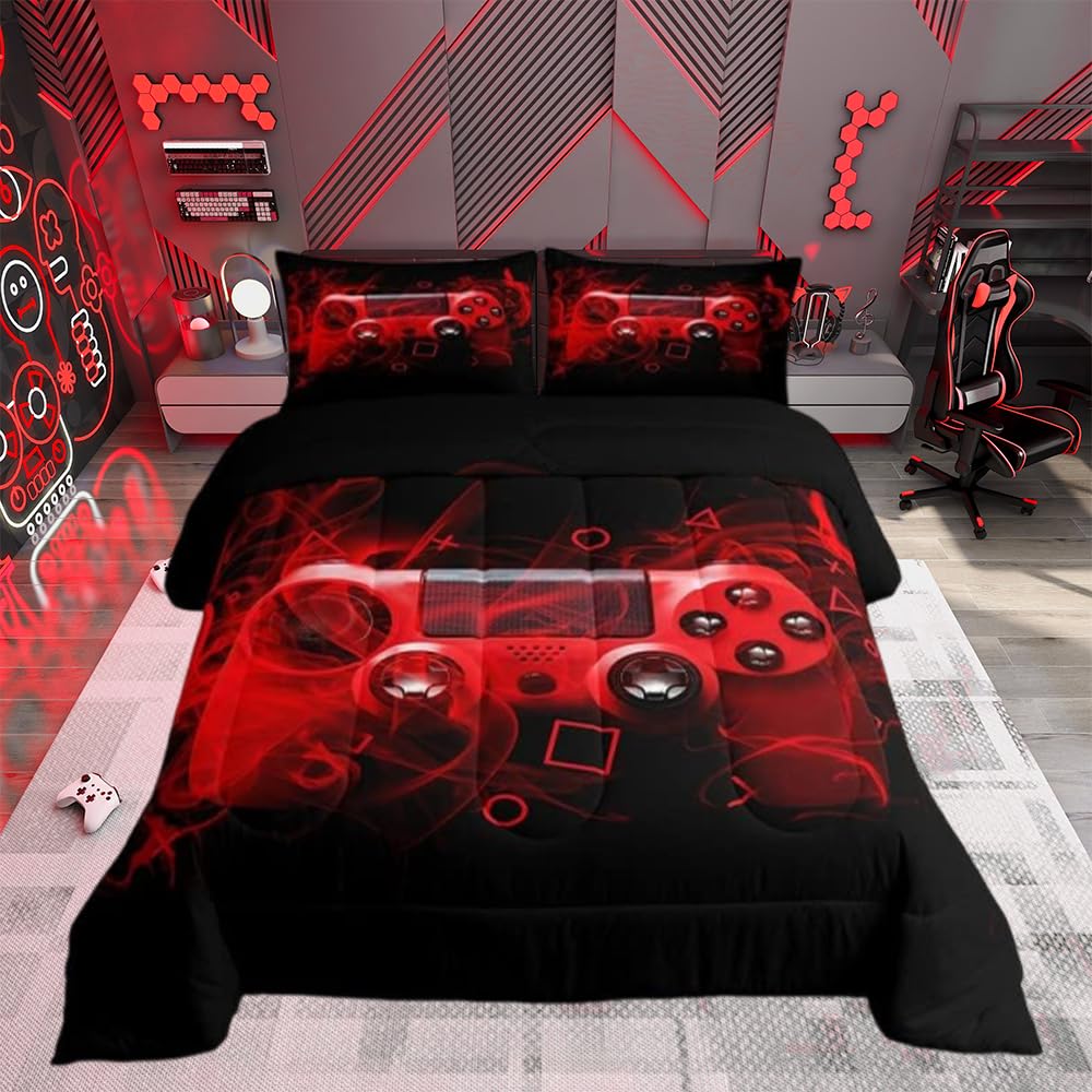 Kids Gamepad Duvet Set Gamer Bedroom Decor for Boys Girls Teens Video Game Controller Bedding Set Youth Gaming Console Duvet Insert Red Black Double Size