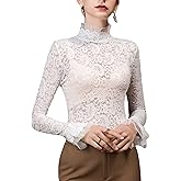 METWAY Lace Top for Women Long Sleeve Lace Shirt Sheer Turtleneck Ruffle Floral Mesh Undershirt Going Out Sexy Blouse