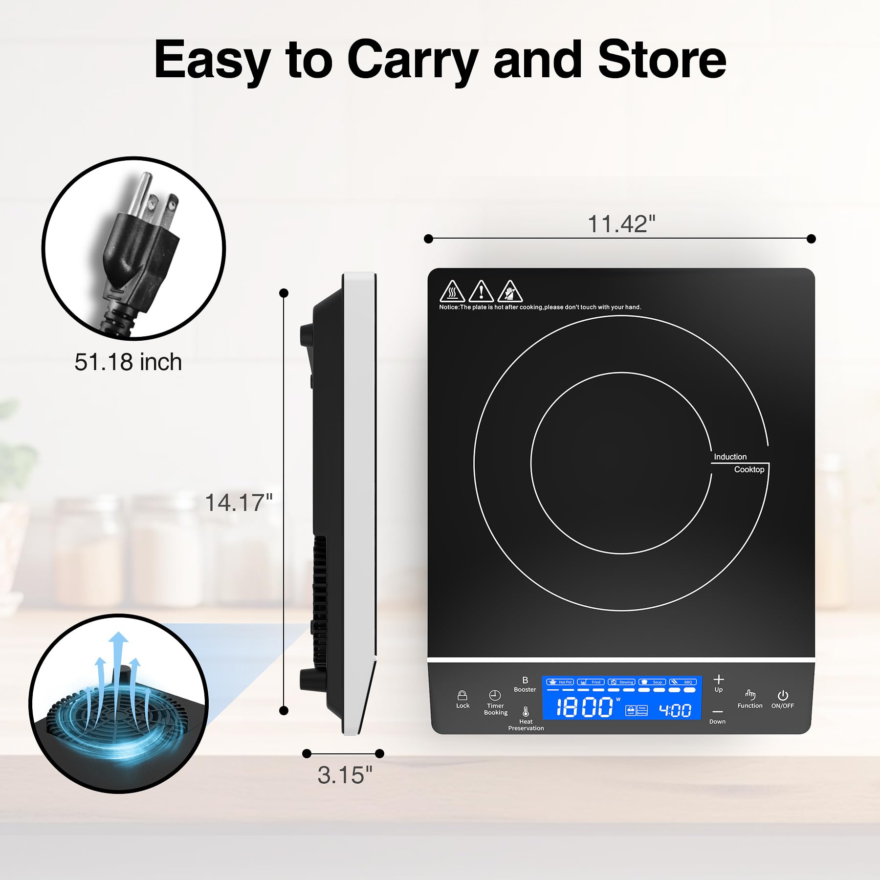 VBGK Induction Cooktop, 1800W Single Burner Electric cooktop,Induction Stove Top with Large LCD Sensor Touch, Induction Hot Plate with 9 Temperature Levels, Child Safety Lock & 4H Timer