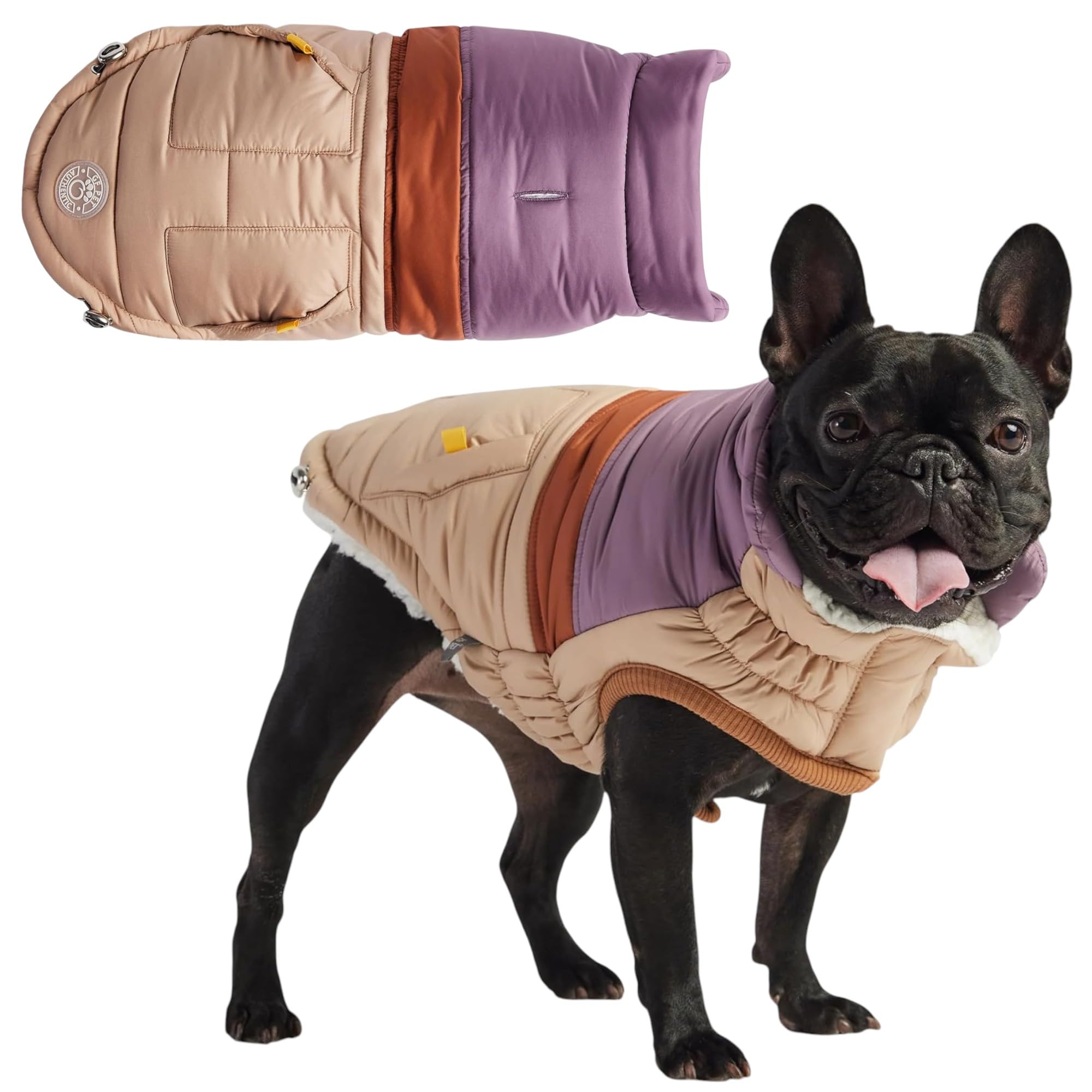 GF Pet Dog Puffer Jacket Elasto-Fit Warm Coat for Dogs Water Repellent Padded Winter Bomber - Sand - Small