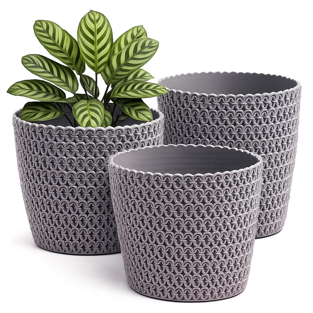 Home Garden Ornaments Plant Pots Indoor – Set of 3 Plastic Planters with Woven Effect Texture Without Drainage Holes (Grey, 18 cm / 7.1 inch)