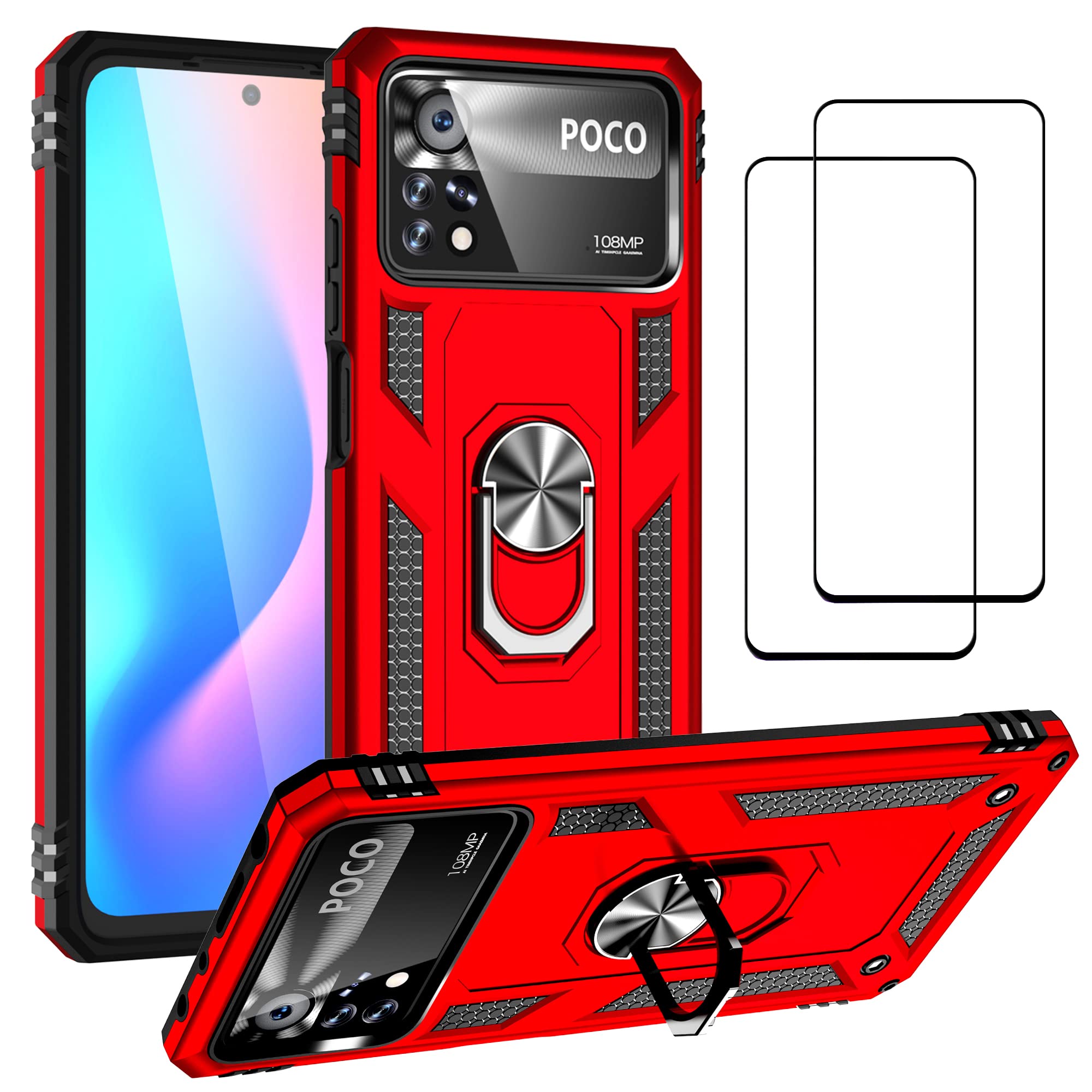 MMlife EasyLifeGo for Xiaomi Poco X4 Pro 5G Kickstand Case with Screen Protector Tempered Glass [2 pieces], Hybrid Heavy Duty Armor Dual Layer Anti-Scratch Case Cover, Red