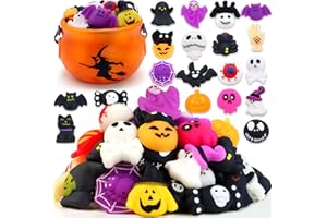 FUNNYB&G 24 PCS Halloween Mochi Squishy Toys - Kawaii Halloween Games for Kids - Includes Pumpkin Bucket - Halloween Squishies Fidget Stress Relief Toys and Gifts for Kids