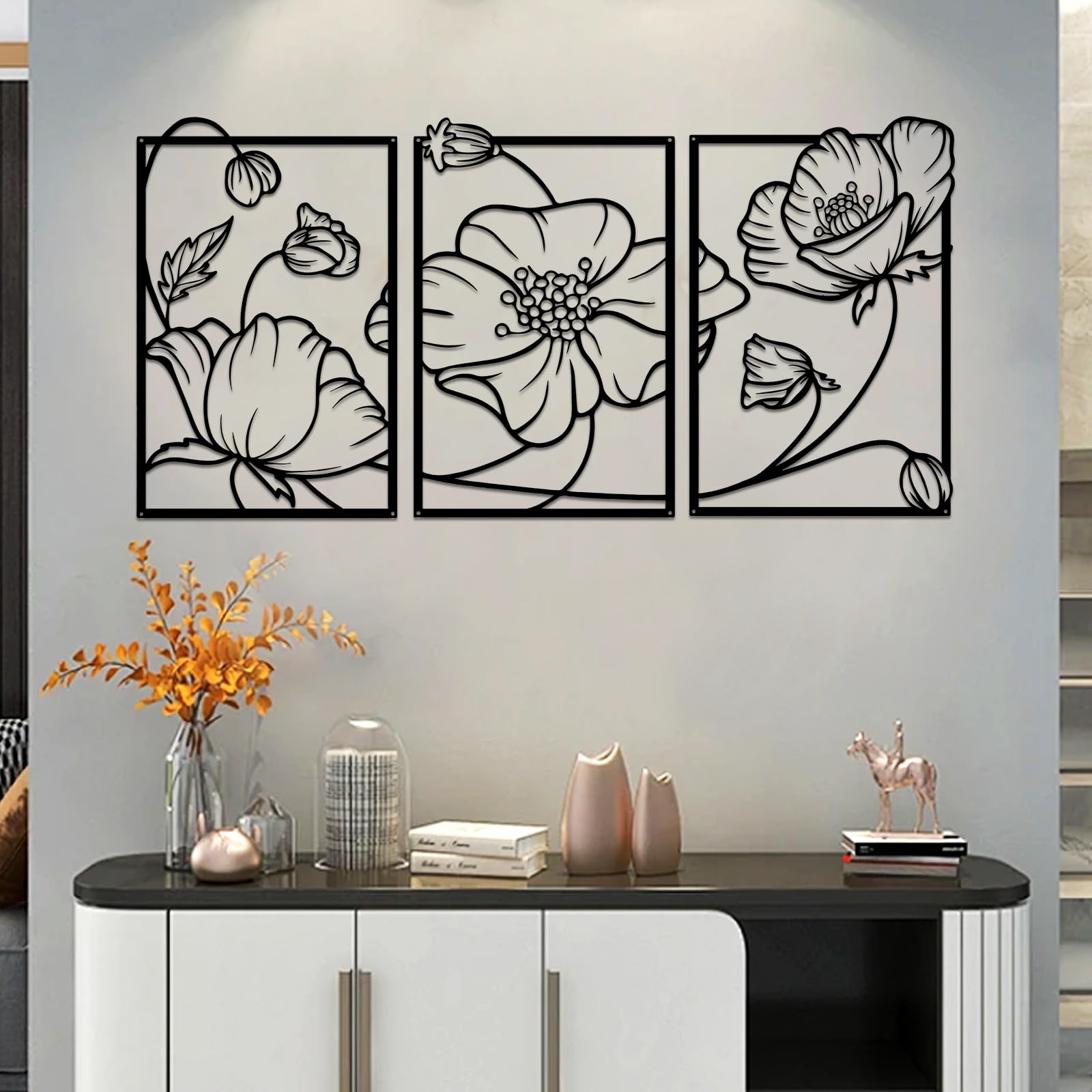 YiYa 3 Pcs Black Metal Wall Art Metal Flower Wall Decor Floral Line Hanging Wall Sculpture Minimalist Line Art Modern Aesthetic for Home Bedroom Kitchen Living Room(flower)