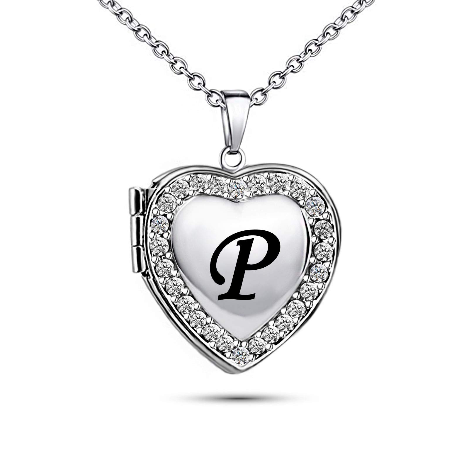 KunBead Jewelry Initial Necklace Silver Letter P Alphabet Nice Dainty Crystal Love Heart Chain Pendant Necklace for Wife