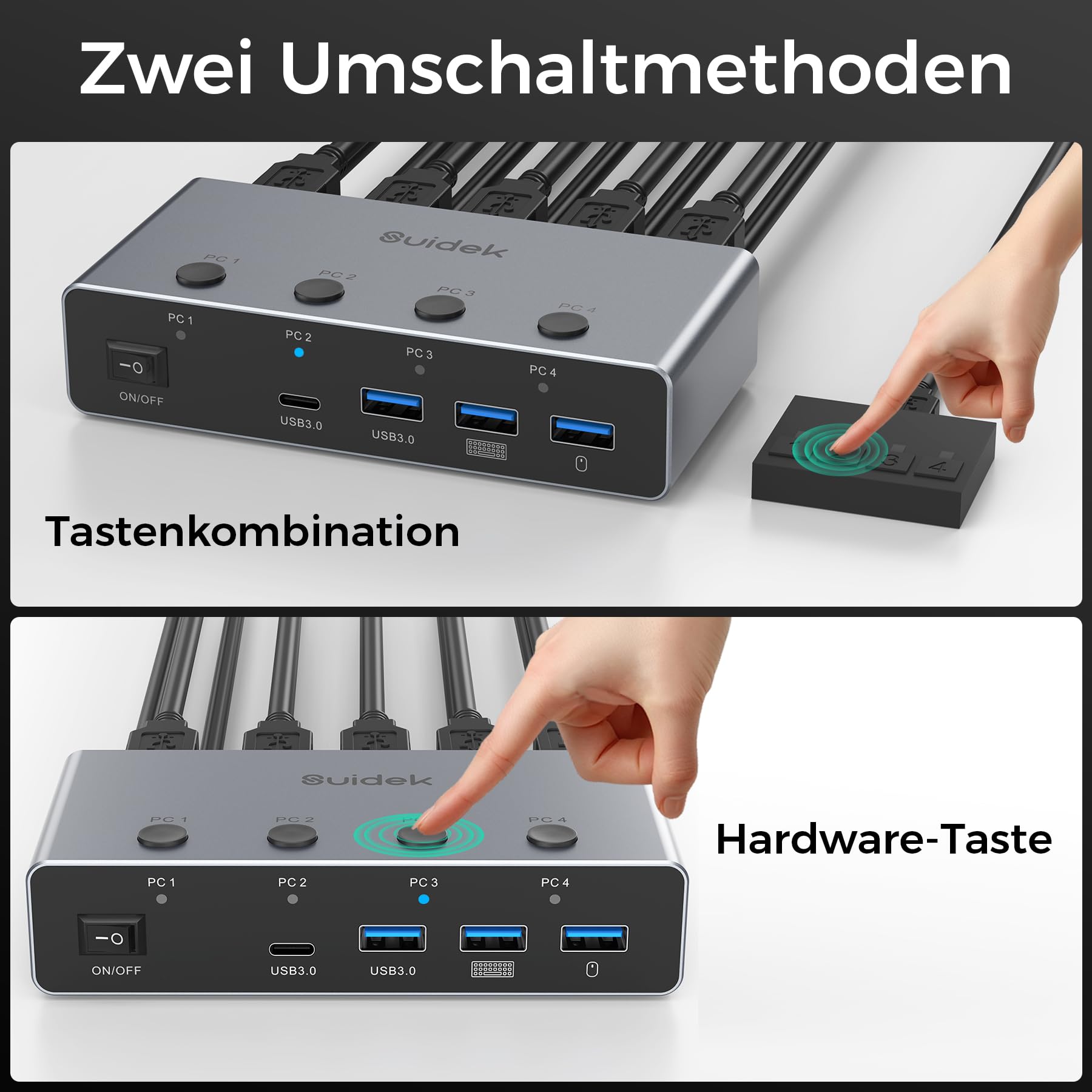 SUIDEK HDMI KVM Switch 4 PC 1 Monitor 8K@60Hz/4K@144Hz, KVM 4 in 1 out 6