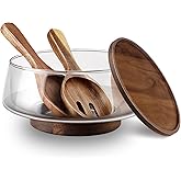 Large Glass Salad Bowls Set with Acacia Wood Base and Lid and Salad Serving Utensils, Elegant and Practical Salad Bowls for Kitchen Essentials Party