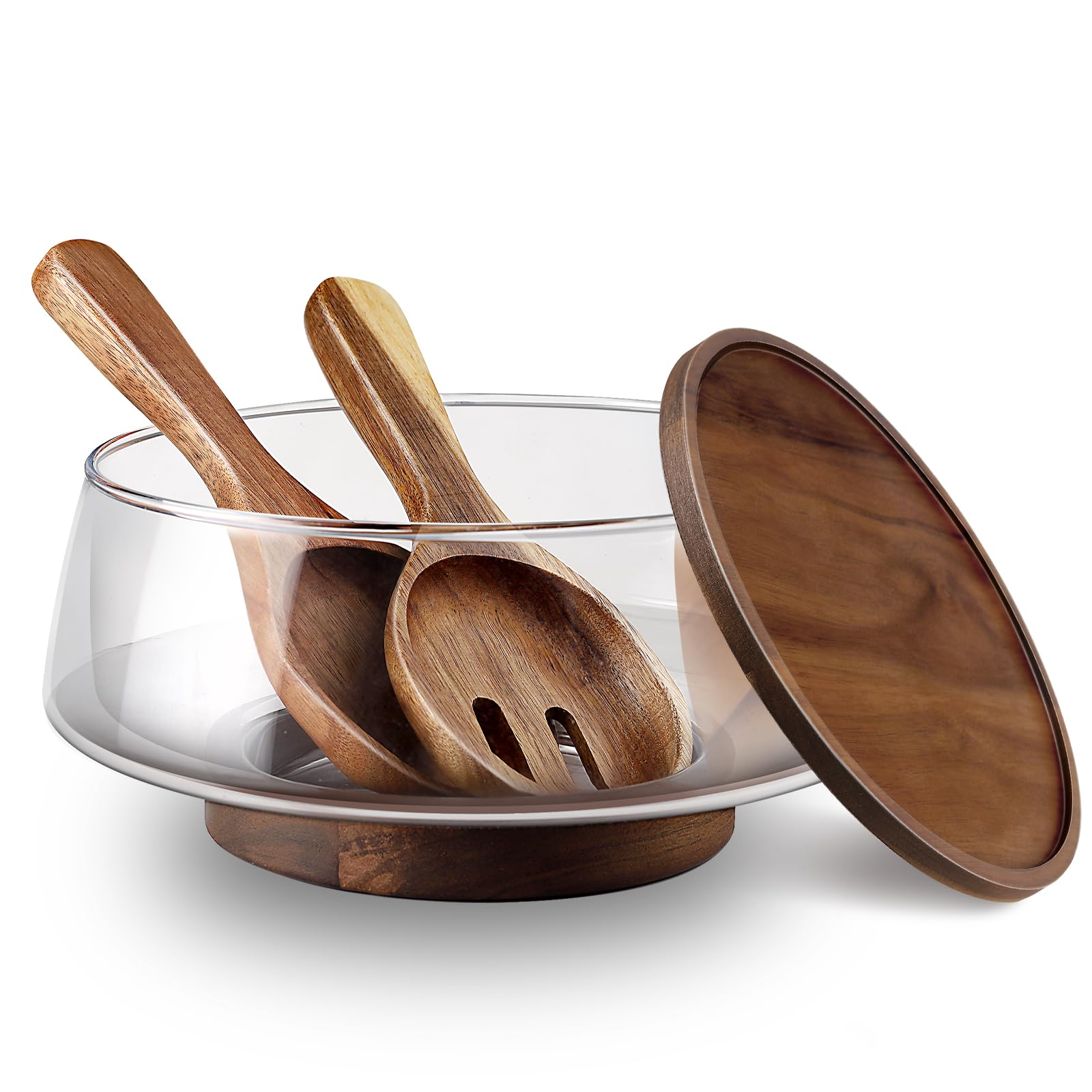 Photo 1 of Large Glass Salad Bowls Set with Acacia Wood Base and Lid and Salad Serving Utensils, Elegant and Practical Salad Bowls for Kitchen Essentials Party