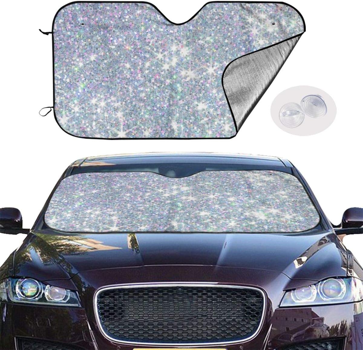 Front Car Sunshade Windshield Silver Sequins Auto Shade for Car Foldable UV Ray Reflector Auto Front Window Sun Shade Visor Shield Cover, Keeps Vehicle Cool (51.2"" X 27.5"")