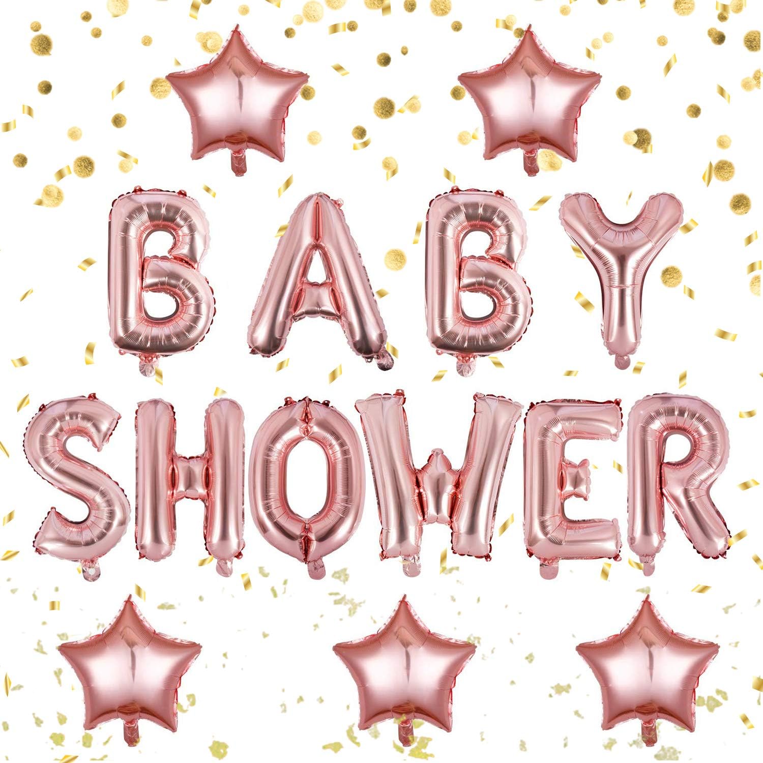 Aniparty Baby Shower Decorations Balloons Rose Gold, Gorgeous Rose Gold Baby Shower Banner 10pcs with 4pcs Star Foil Balloon and 2 Rolls Balloon Ribbon and Balloon Sticker
