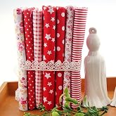 7Pcs Cotton Fabric Squares for Sewing, Red, 25x25cm, Floral Polka Dot Striped Pattern, DIY Patchwork Quilt Crafting