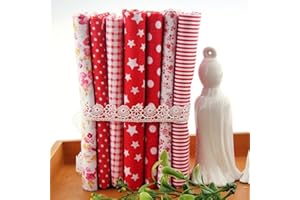 7Pcs Cotton Fabric Squares for Sewing, Red, 25x25cm, Floral Polka Dot Striped Pattern, DIY Patchwork Quilt Crafting