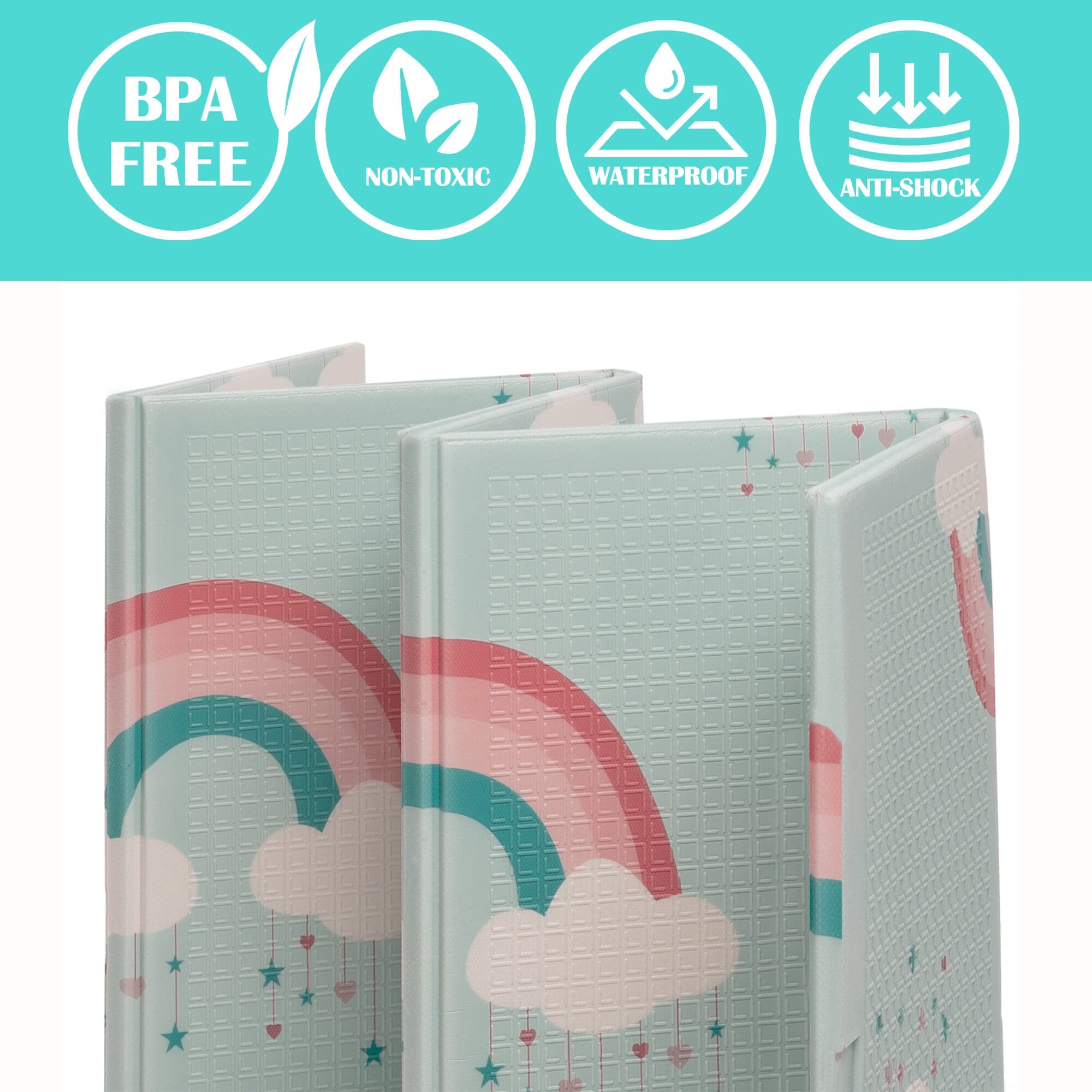 JumpOff Jo - Large Waterproof Foam Padded Play Mat for Infants, Babies, Toddlers, Play Pens & Tummy Time, Foldable Activity Mat, 70 in. x 59 in. - Woodland Rainbow