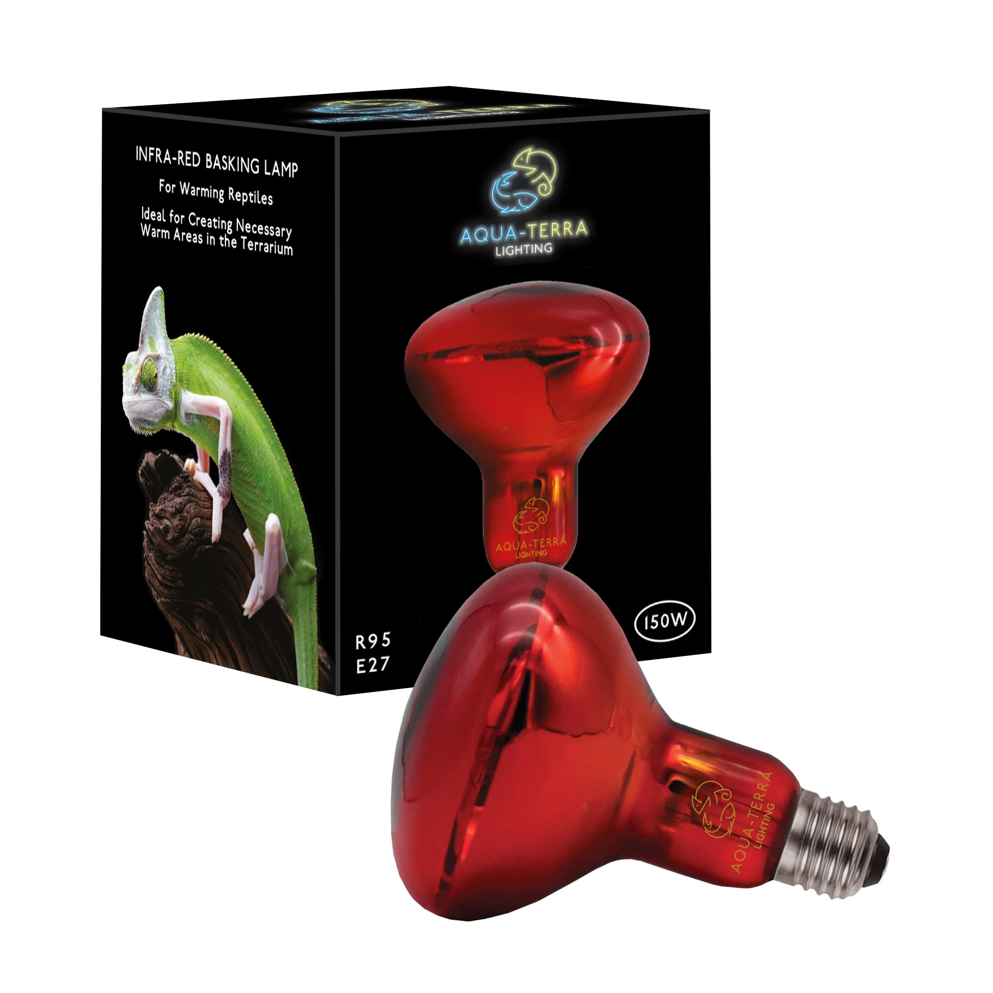 Aqua-Terra Lighting 150w Infrared Basking Heat Lamp for Reptiles, Amphibians and Invertebrates– R95 Spotlight Bulb with E27 Standard Screw Base Suitable for Vivarium Heating