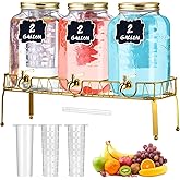 Lallisa 3 Pcs 2 Gallon Glass Drink Dispenser with Stand and Lid Mason Jar Beverage Dispenser with Stainless Steel Spigot, Hanging Chalkboard Signs, (Gold)