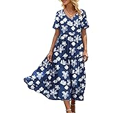 YESNO Women's Summer Maxi Dresses Casual Floral Short Sleeve V Neck Boho Beach Vacation Swing Dress with Pockets EVF