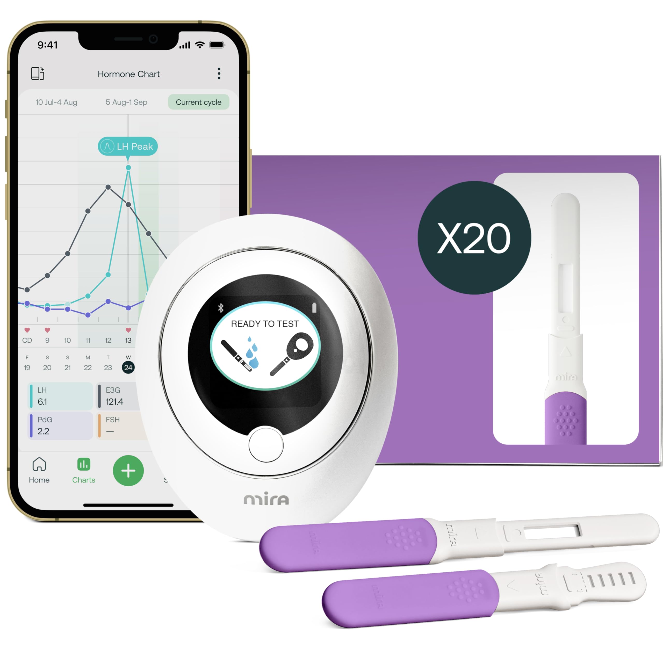 Mira Fertility MAX Ovulation Predictor Kit for Women, with 20 Ovulation Test Sticks, Digital Ovulation Tracker & Easy to Use Mira App, Monitor PdG, LH & E3G at Home, Individual Ovulation Test Strips
