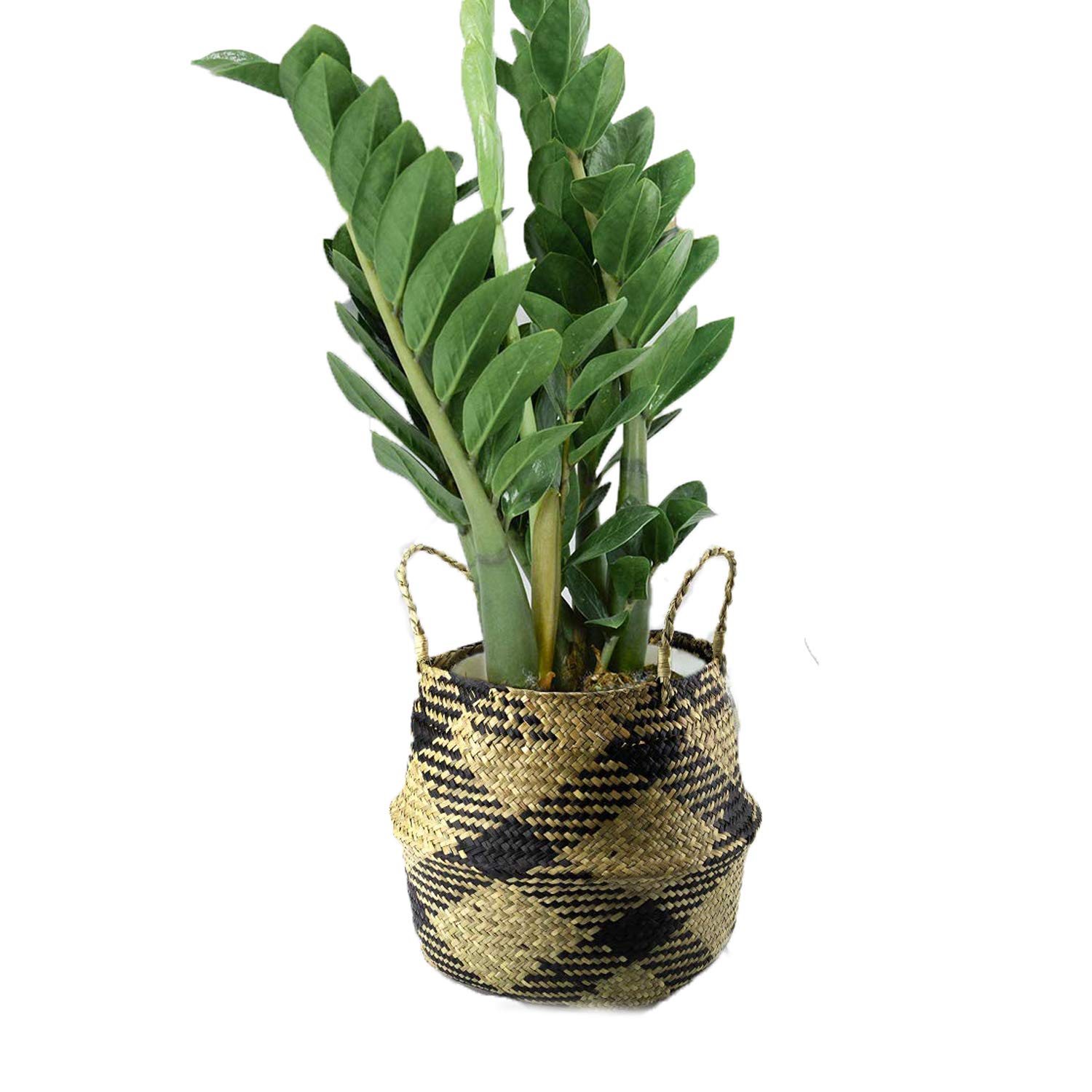 SZETOSY Natural Seagrass Basket - GOODCHANCEUK Seagrass Belly Basket Hand Woven Storage Basket With Handle Toys Laundry Basket Flower Planter Black Square Style#6 27CMx24CM