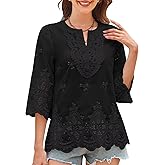 Falechay Womens Tops 3/4 Length Sleeve Eyelet Blouse Peasant Flowy Boho Top Hollow Out Embroidered Notch V Neck Shirts