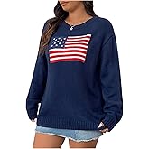 GORGLITTER Women's Plus Size American Flag Sweater Fall Chunky Oversized Long Sleeve Crew Neck Knit Tops