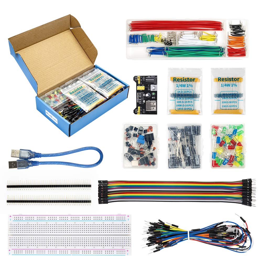 Electronics Component Fun Kit w/Power Supply Module, Jumper Wire, 830 tie-Points Breadboard, Precision Potentiometer,Resistor Compatible with Arduino, Raspberry Pi, STM32