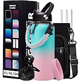 32oz Stainless Steel Water Bottle -w/Paracord Handle, Straw & Spout Lids, Bottle Sleeve, Reusable Metal Thermo Keep Cold-48h & Hot-24h, Wide Mouth Double-Wall Vacuum Flasks for Sports Fitness