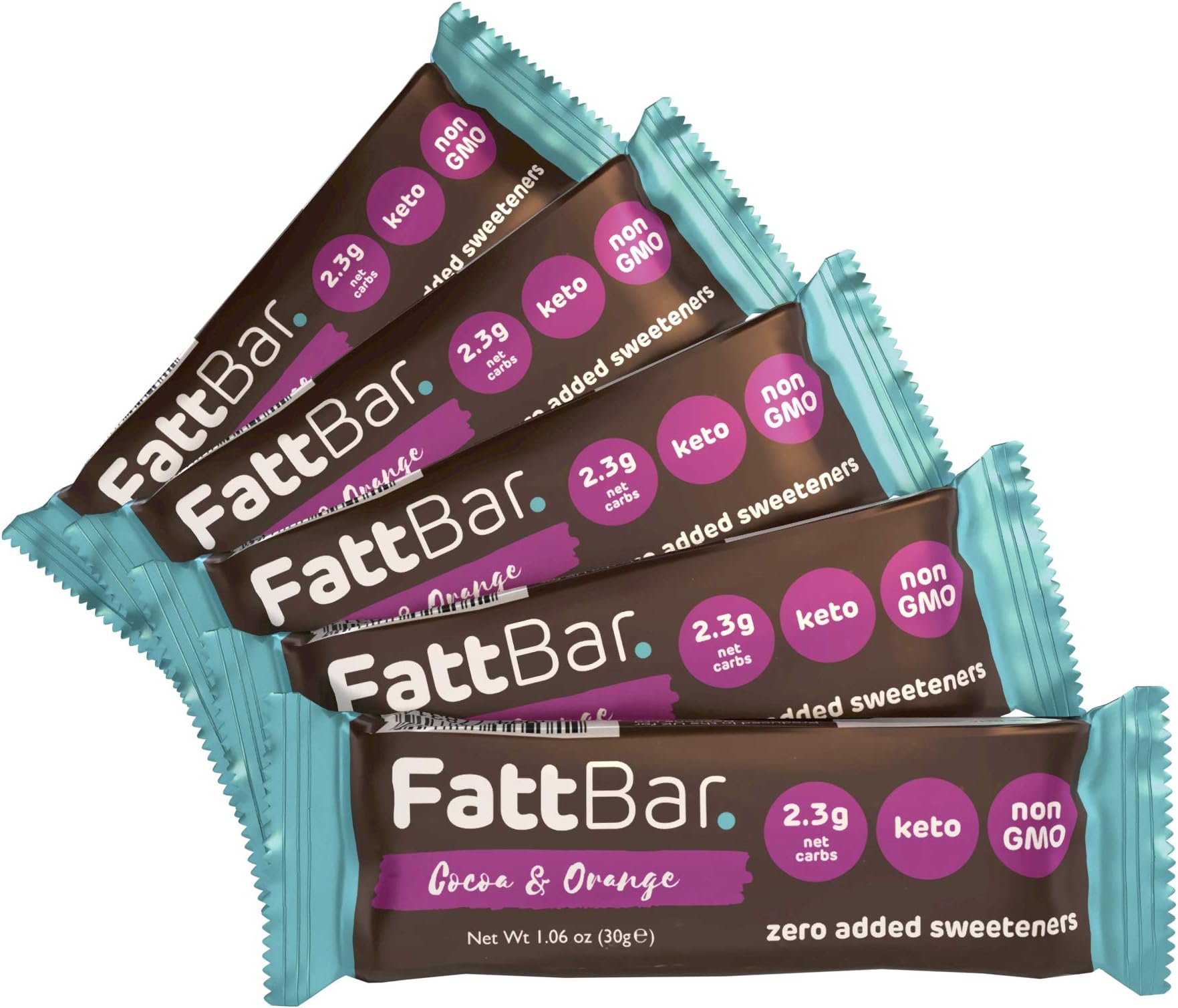 FattBar Keto Super Fats Bar (Cocoa & Orange, 5-Pack) | Natural and Delicious Keto Snacks | Low Net Carb, High Fiber, Low Sugar, Keto, Gluten Free, Sweetener Free, Vegan, Non-GMO | 1.06 ounce per bar