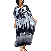 Chunoy Women Black Floral Kaftan V Neck Casual Bathing Suit Kimono Sleeve Side Split Beach Cover Up Caftan Dress
