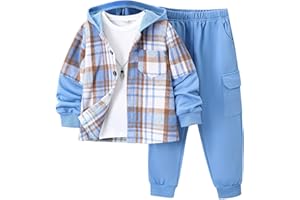 Jolyshlid Boys 2 Pieces Sweatsuit Flannel Plaid Shirt Tops Hoodies Cargo Sweat Pants Clothing Set 3-14Y
