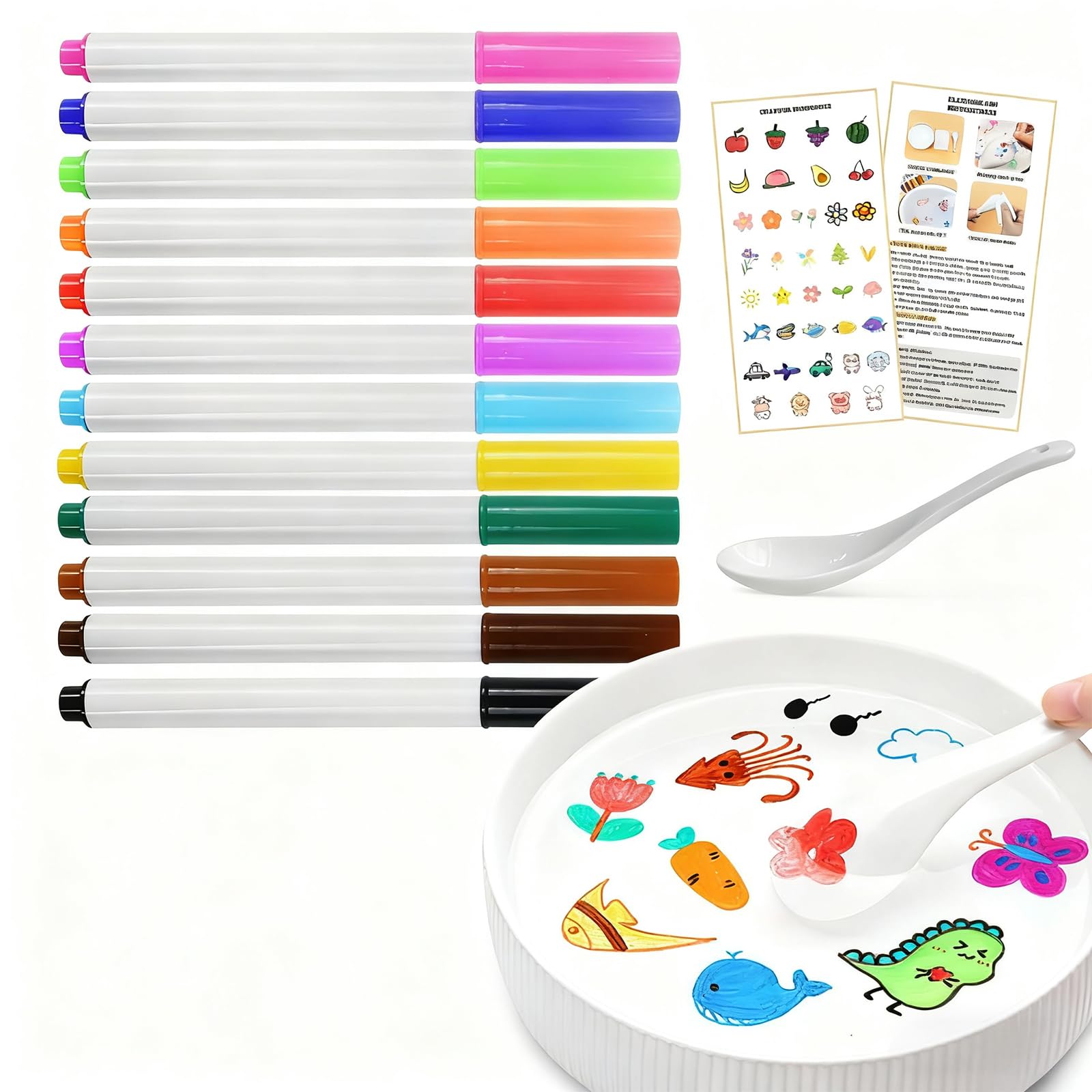 QETRABONE 12-Color Magical Water Painting Pen, Painting Floating Water Pens Bath Colouring Pens, Erasable Doodle Markers Pen Watercolor Pen Set, Improve Drawing and Imagination (with Spoon)