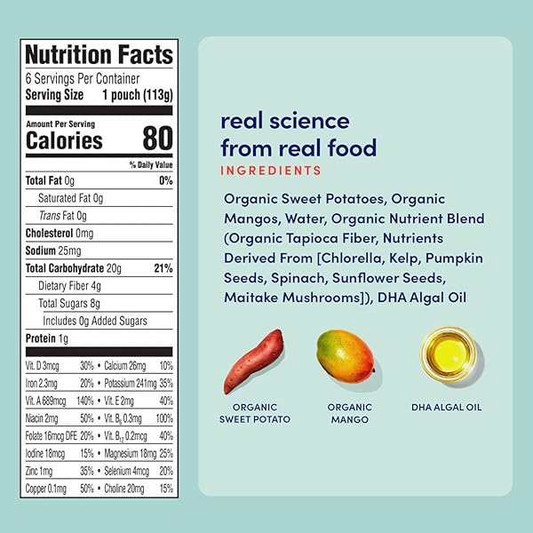 CEREBELLY ORGANIC BABY FOOD POUCHES – ORGANIC VEGGIE PUREES FOR TODDLERS | NO ADDED SUGAR, FIBER, NON-GMO | BLENDED TODDLER FOOD | 4OZ BPA-FREE BABY FOOD | SWEET POTATO MANGO | 6 COUNT