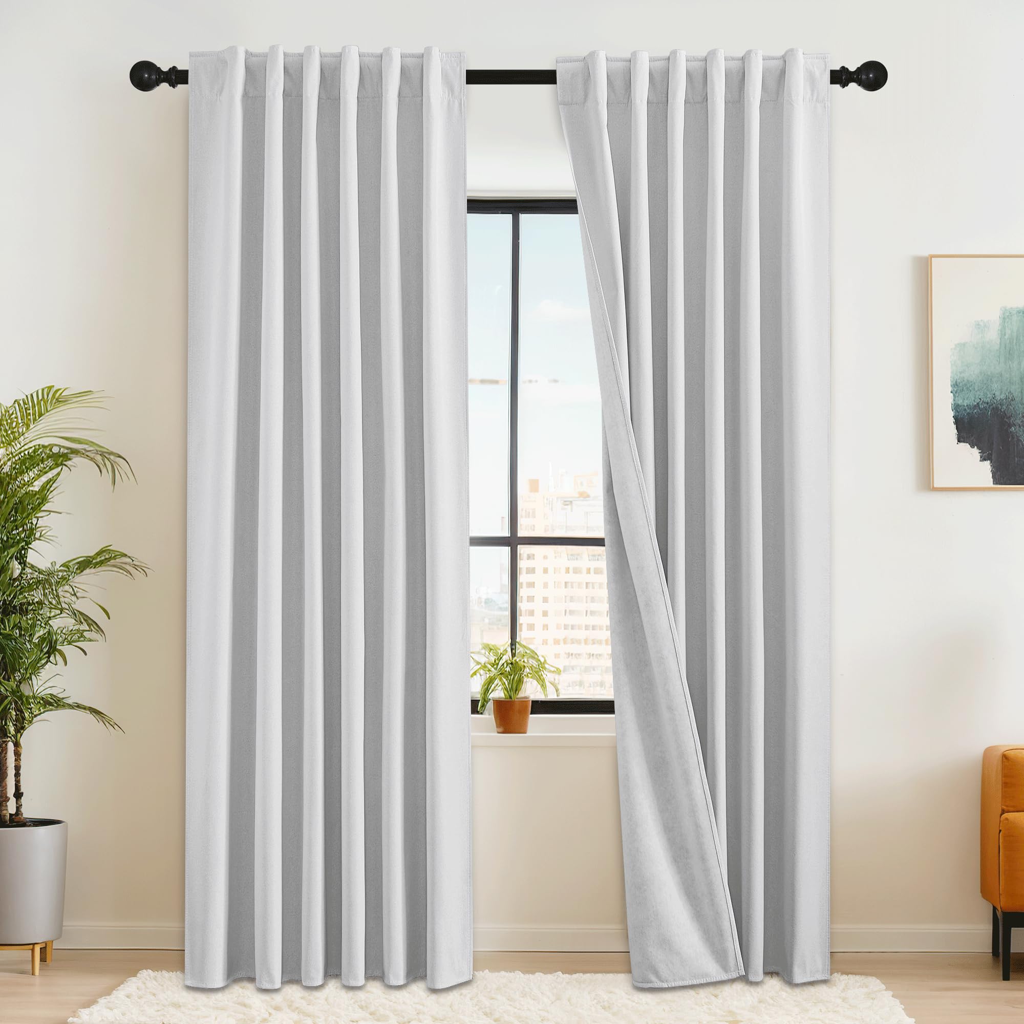RYB HOME 100% Blackout Flax Linen Curtains 108 Inches Long, Bedroom & Living Room UV Protection Drapes, Rod Pocket & Back Tab, Set of 2, W52 x L108, Greyish White Image