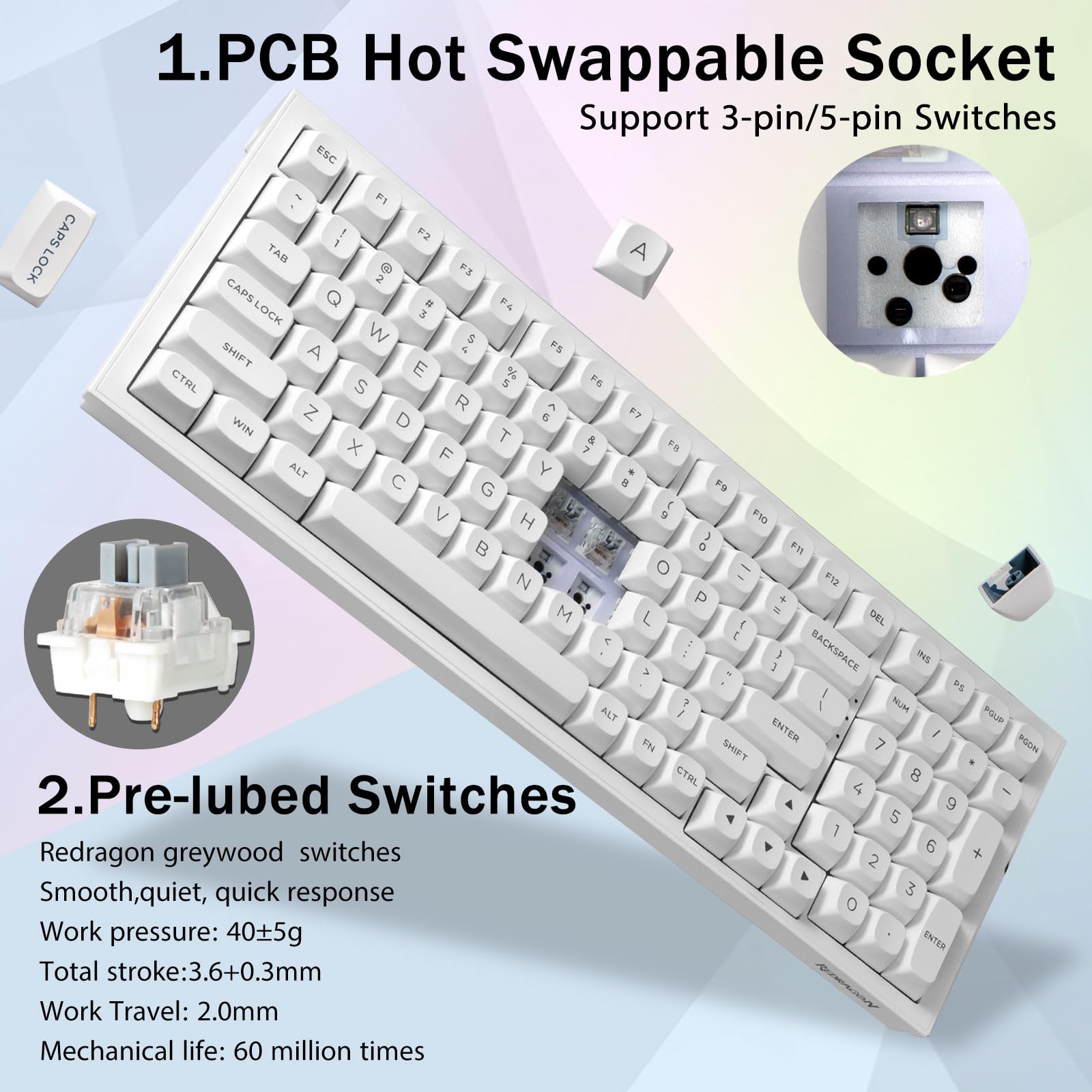 Redragon K723 Wireless Mechanical Gaming Keyboard Creamy, Hot Swappable Pre-lubed Linear Switches, Gasket Structure, Tri-Mode BT5.0/2.4GHz/USB-C, RGB Backlit, Custom for PC/Mac/PS/Xbox, White