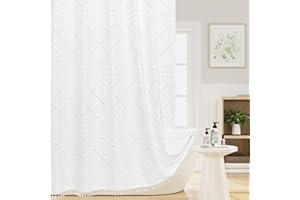 Craidlela Boho White Woven Fabric Shower Curtain with Tassel 72 x 72 Modern Farmhouse Minimalist, Bohemia Tufted Chevron Striped Chic Textured, Waterproof Cloth Curtain for Bathroom, Hotel Decor