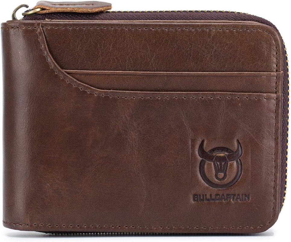 Zipper Men Wallet, E Ekphero RFID Blocking Antimagnetic Genuine Leather Credit Card Holder, Coin Purse Brown