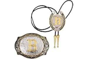 HUABOLA CALYN 2 Pieces Belt Buckle Bolo tie Set Golden Initial Letter ABCDMJR to Y Western Cowboy Costume for Men