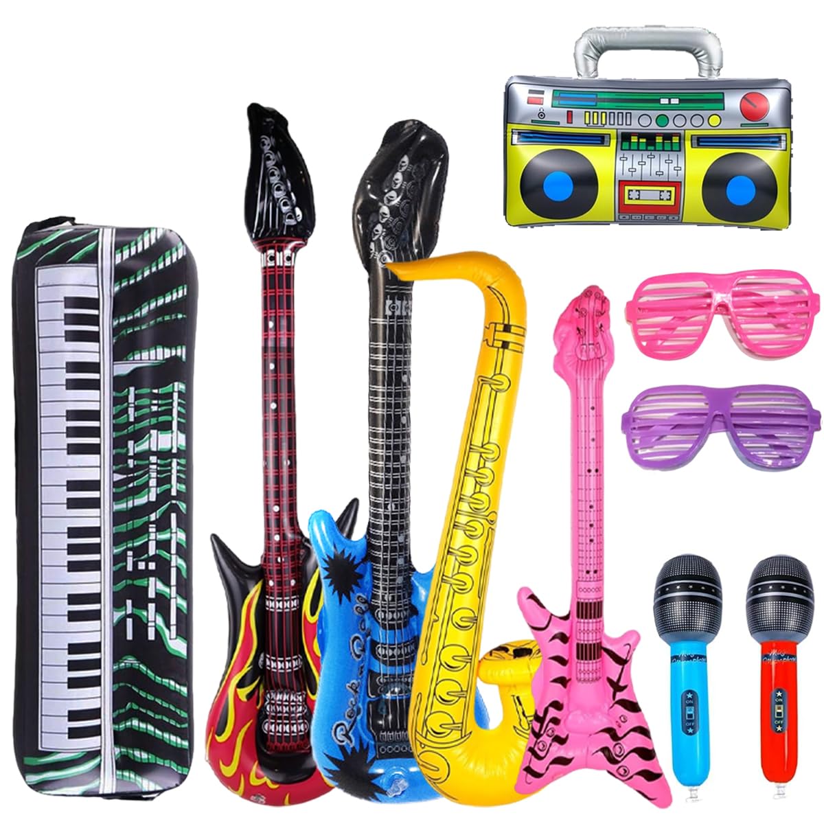 Photo 1 of 10 Pieces Inflatable Music Instrument Party Props Set Includes Saxophone, Bass, Microphone, Rock Electric Guitar and Recorder for All Music-Themed Gatherings